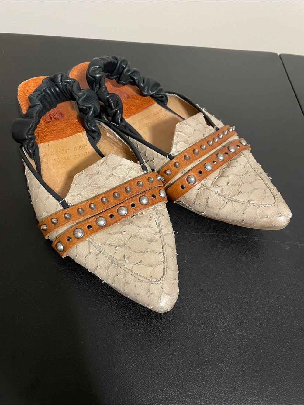 A.S.98 Beige Pointed Slingback Flats with Brown Studded Strap Size 41
